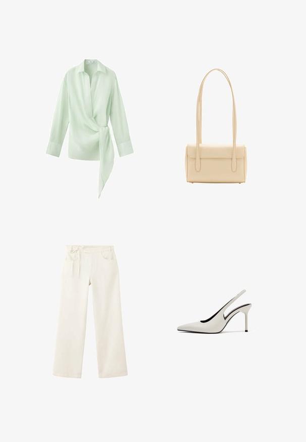 Blouse à manches longues vert clair avec col, profond décolleté en V et un détail noué en tissu sur le côté droit à la taille.; Pantalon crème taille haute à jambes larges, avec poches avant et ceinture en tissu nouée en nœud à la taille.; Escarpin blanc à bout pointu avec bride arrière, talon aiguille fin et finition en cuir lisse sur fond blanc.; Sac à épaule rectangulaire beige avec longues bretelles doubles et fermeture à rabat, présenté sur fond blanc.