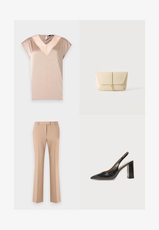 Haut à manches courtes en tissu beige doux, avec un col en dentelle en forme de V et un détail dos en forme d'œillet. Texture lisse avec une coupe décontractée.; Pantalon beige droit sur mesure avec passants de ceinture et plis avant, présenté sur un fond blanc.; Chaussure slingback en cuir noir à bout pointu avec un talon bloc haut et une doublure intérieure beige sur un fond clair uni.; Pochette en cuir beige avec rabat avant et fermeture par sangle verticale, sur un fond clair uni.