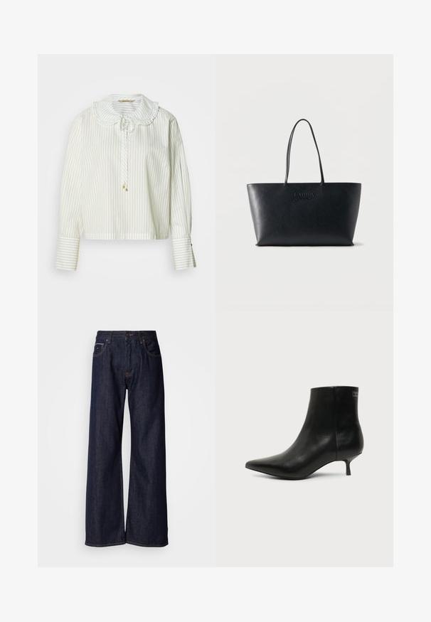 Blouse rayée blanche avec un col festonné, des manches longues et une fermeture à nouer. Dotée de détails dorés et d'une coupe décontractée.; Jean en denim noir à jambes larges et taille haute, avec poches avant et détails de couture subtils. Texture lisse avec une coupe classique.; Bottine en cuir noir avec bout pointu et petit talon kitten sur fond clair, vue côté extérieur.; Sac fourre-tout en cuir noir avec longues poignées et logo "Tommy Jeans" en relief sur le devant, présenté sur un fond blanc uni.