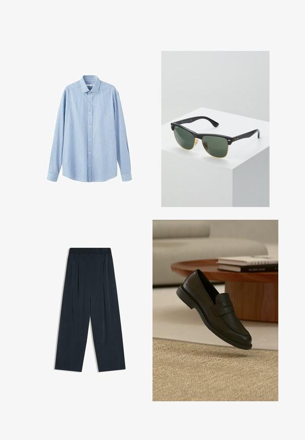 Chemise bleu clair à manches longues avec de fines rayures blanches verticales. Elle présente un col pointu, des fermetures à boutons et un ourlet arrondi.; Pantalon large bleu marine avec plis, passants de ceinture et taille haute, présenté à plat sur un fond blanc.; Chaussure mocassin en cuir noir présentée en suspension au-dessus d'un tapis beige tissé, avec une table en bois et des livres empilés dans un salon doucement éclairé.; Lunettes de soleil Ray-Ban avec des verres verts, monture en plastique noir et accents dorés sur les bords. Forme carrée avec une finition mate.