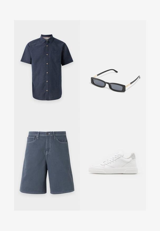 Chemise à manches courtes pour homme en tissu bleu foncé avec un motif texturé, col à boutons, fermeture devant à boutons et poche poitrine unique.; Shorts bleu foncé en coton avec des coutures blanches, cinq poches et un système de fermeture à bouton à la taille. Design à jambe droite, avec un minimum de détails.; Des baskets en cuir blanc avec une finition lisse, un bout rond, des lacets plats et une semelle texturée. Accents en daim gris au niveau du talon.; Lunettes de soleil noires rectangulaires avec des verres foncés. Les branches fines et plates présentent un accent doré. Monture en plastique lisse avec une finition mate.