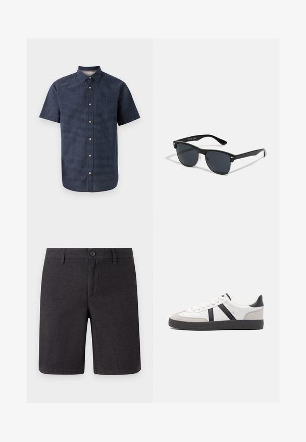 Chemise à manches courtes pour homme en tissu bleu foncé avec un motif texturé, col à boutons, fermeture devant à boutons et poche poitrine unique.; Shorts gris foncé en tissu tissé, dotés d'une fermeture à bouton, de passants de ceinture et d'une coupe droite, avec des ourlets nets et des poches latérales.; Baskets blanches avec des accents noirs et gris, présentant un embout texturé gris, une semelle en caoutchouc noir et des lacets plats blancs. Design épuré, style minimaliste.; Lunettes de soleil noires de forme rectangulaire, verres foncés, accents argentés aux tempes et finition mate sur la monture.
