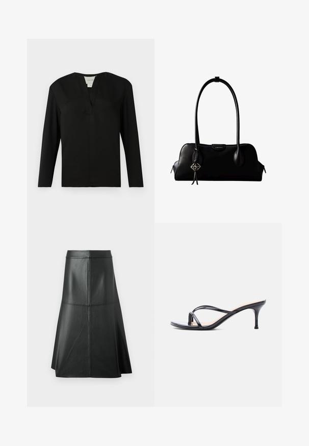 Zwarte top met lange mouwen van een gladde stof. Heeft een notch halslijn en een minimalistisch ontwerp met een rechte snit zonder versieringen.; Zwarte leren A-lijn rok, met een gladde textuur, tot halverwege de kuit, met horizontale stikdetails in de taille en naden voor extra structuur.; Zwarte laklederen sandaal met hakken, dunne gekruiste bandjes en een slanke, middelhoog stilettohak op een witte achtergrond.; Zwarte leren Calvin Klein handtas met lange hengsels, een logo-label aan de voorkant en een zilverkleurige geometrische hanger die aan één hengsel hangt.