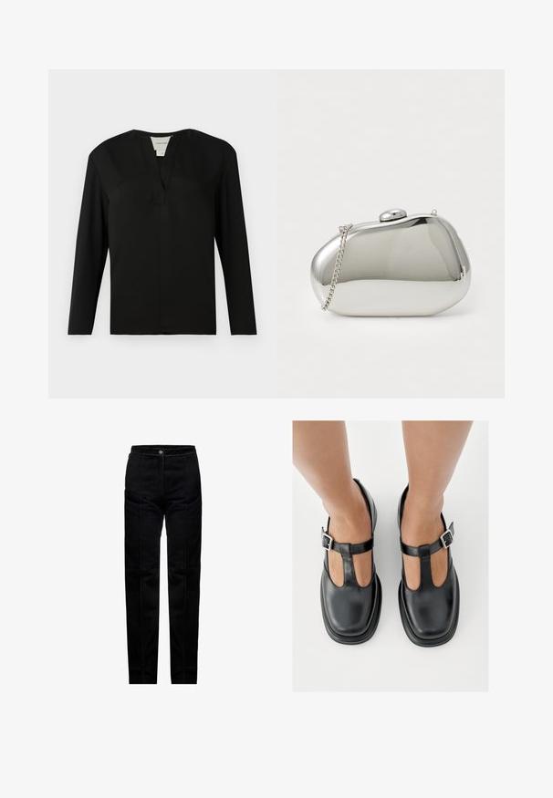 Haut noir à manches longues en tissu lisse. Présente un col en V et un design minimaliste avec une coupe droite et sans ornements.; Pantalons évasés noirs en daim doux, dotés d'une taille haute, de poches avant et de coutures saillantes pour un ajustement structuré.; Chaussures en cuir noir avec un design à bride en T, bout fermé et accents de boucles argentées. Texture lisse avec un bout arrondi et une semelle plate.; Pochette en métal argenté avec une forme arrondie et lisse. Dispose d'une fermeture à clip et d'une bandoulière détachable. Surface réfléchissante sans motifs.
