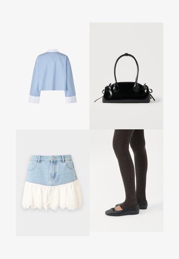 Chemise bleue courte avec des rayures verticales, dotée d'un col et de poignets blancs. Le tissu semble lisse avec une texture douce.; Mini-jupe en denim avec poches avant et bouton, dotée d'un ourlet volanté en dentelle ajourée blanche pour un effet superposé.; Jambes portant des leggings côtelés foncés associés à des ballerines noires avec de petits détails en nœud sur fond blanc.; Petit sac à main noir brillant avec deux longues anses et des détails à cordon sur les côtés sur un fond clair uni.