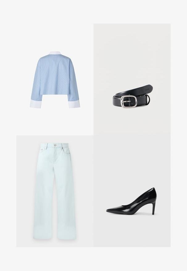Beskåret blå skjorte med vertikale striber, featuring en hvid krave og mansjetter. Stoffet ser glat ud med en blød tekstur.; Lyseblå højtaljede vidde-jeans med frontknap, lynlåslukning, bæltestropper og forlommer mod en ensfarvet baggrund.; Sort læder højhælede sko med spids tå, glat tekstur og en taperet hæl. Minimalistisk design uden yderligere udsmykninger.; Sort læderbælte med et rektangulært sølvspænde. Glat tekstur med udstansede huller til justering og mærket inderside.