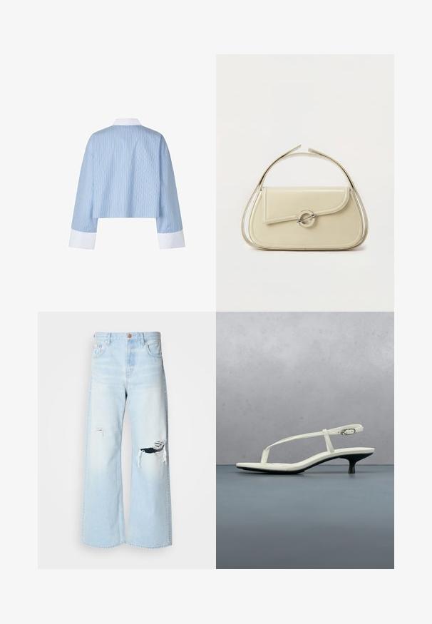 Kurz geschnittenes blaues Hemd mit vertikalen Streifen, ausgestattet mit einem weißen Kragen und Manschetten. Der Stoff wirkt glatt und hat eine weiche Textur.; Helle blaue, weit geschnittene Jeans aus Denim mit hoher Taille, großen Rissen an den Knien und einem klassischen Fünf-Taschen-Design mit kupferfarbenen Beschlägen.; Weiße Riemchenpantolette mit kitten heel und spitz zulaufender Zehenpartie, schwebt über einem Holzkachelboden im Freien mit verschwommenem Pflanzen- und Wandhintergrund.; Cremefarbene Ledertasche mit geschwungener Klappe, rundem silbernem Verschluss und kurzem Tragegriff vor einfachem weißem Hintergrund.