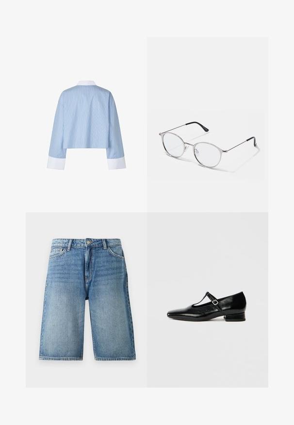 Beskåret blå skjorte med vertikale striber, featuring en hvid krave og mansjetter. Stoffet ser glat ud med en blød tekstur.; Blå denim knælange shorts med forreste knap og lynlås, bæltestropper og sidelommer, vist på hvid baggrund.; Sorte Mary Jane-sko i læder med spids tå, lille blokhæl og justerbar rem med sølvspænde. Glat, blank tekstur.; Metallic sølvbriller med runde linser og en tynd ramme. Sorte tempelspidser giver kontrast. Justerbare næsepuder medfølger.