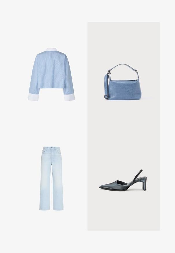 Beskåret blå skjorte med vertikale striber, featuring en hvid krave og mansjetter. Stoffet ser glat ud med en blød tekstur.; Lyseblå, vidde jeans med høj talje, forknap og lynlås, bæltestropper samt lommer foran og bagpå.; Sort slingback-hæl med spids tå, slank satinfinish og en slank hæl på 3 tommer. Åben sidedesign med minimal syningsdetalje.; Lyseblå taske med krokodillepræg, kort håndtag og aftagelig skulderrem. Glat tekstur med lynlås.