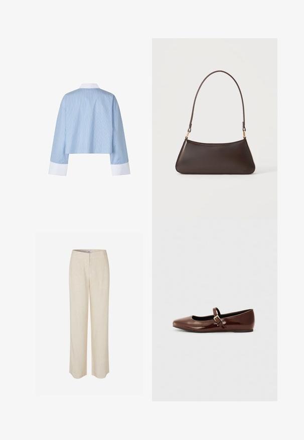 Beskåret blå skjorte med vertikale striber, featuring en hvid krave og mansjetter. Stoffet ser glat ud med en blød tekstur.; Beige linnedbukser med et lige ben-design, der har en glat tekstur og en let glans. Indeholder linning og diskrete forlommer.; Brun patentlæder balletflade med firkantet tå og strop med en lille guldbuckle. Glat tekstur, lav hæl og minimalistisk design.; Mørkebrun læderhåndtaske med en buet toplynlås og en tynd skulderrem med guldfarvede låse på en ensfarvet baggrund.