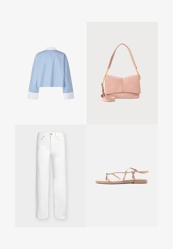 Korte blauwe shirt met verticale strepen, met een witte kraag en manchetten. De stof lijkt glad met een zachte textuur.; Witte jeans met rechte pijpen, vijf zakken, knoopsluiting en riemlussen op een effen lichtgrijze achtergrond.; Beige platte sandaal met dunne bandjes, enkelgesp en decoratief gouden accent op de teengreep, getoond op een witte achtergrond.; Lichtroze leren handtas met een opgevouwen ontwerp, gevlochten handvat, gouden accenten en een verstelbare schouderriem.