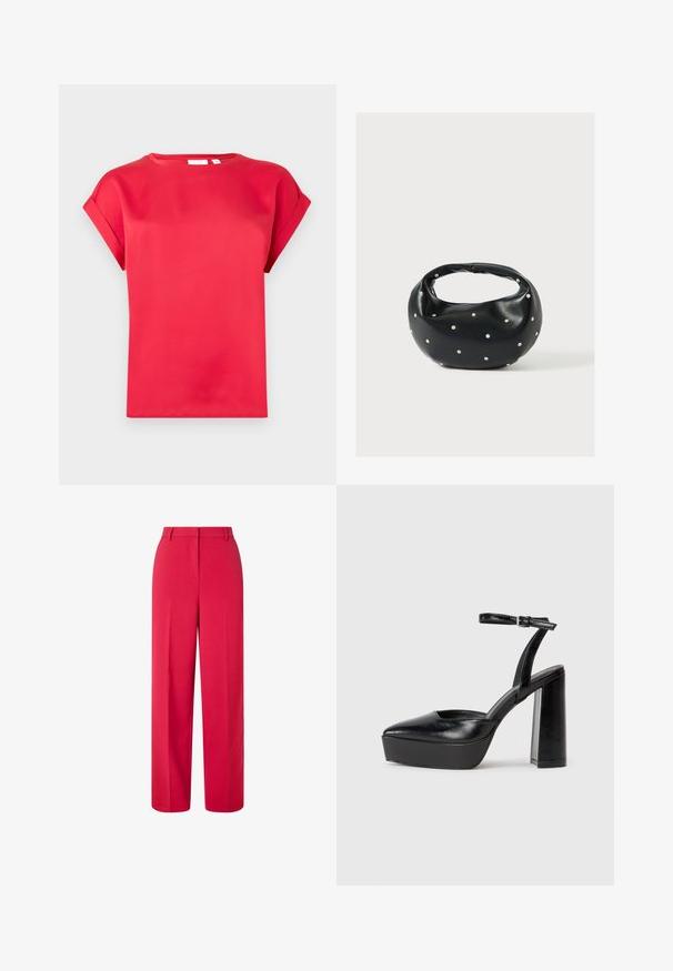 Camiseta corta roja de manga corta hecha de material suave, con cuello redondo y puños enrollados, que presenta un ajuste relajado y sin patrones visibles.; Pantalones rojos de cintura alta y pierna ancha con pasadores de cinturón y cierre frontal oculto sobre un fondo blanco.; Zapatos de tacón negro con punta afilada y correa ajustable en el tobillo. Confeccionados en cuero suave, presentan un tacón grueso.; Bolso de mano de cuero negro con forma redondeada, decorado con detalles de tachuelas plateadas y un asa corta. Textura lisa y cierre con cremallera.