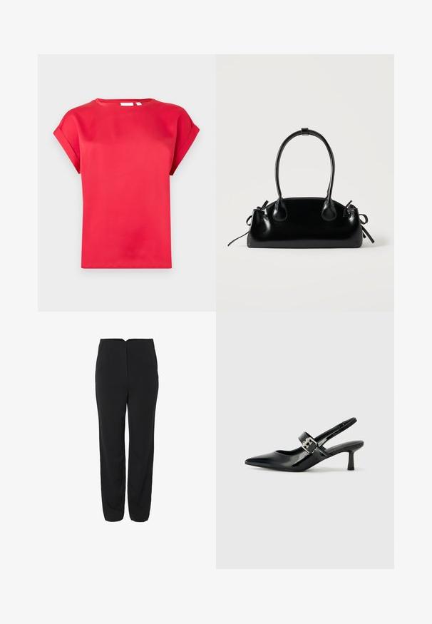 Camiseta corta roja de manga corta hecha de material suave, con cuello redondo y puños enrollados, que presenta un ajuste relajado y sin patrones visibles.; Pantalones negros con un diseño de pierna recta, que cuentan con dos bolsillos frontales y una textura suave. Detalles de costura sutil en el frente.; Zapatos de tacón en charol negro con tira al tobillo, punta afilada y un pequeño tacón bloque, que cuentan con un acento de hebilla plateada en la correa.; Pequeño bolso negro brillante con dos asas largas y detalles de cordón lateral sobre un fondo claro liso.