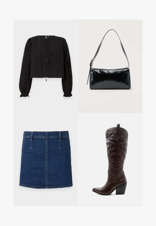 Zwarte cropped blouse met een V-hals, lange pofmouwen en een strikdetail aan de voorkant. Gestructureerde stof voegt diepte toe aan het ontwerp.; Donkerblauwe spijkerrok met een getailleerd ontwerp, voorzakken en zichtbare stikseldetails. Heeft een rechte zoom en riemlussen.; Lange donkerbruine leren cowboylaars met gestikte decoratieve patronen, spitse neus en gestapelde blokhak.; Zwarte rechthoekige schoudertas met een enkele verstelbare band en een bovenste ritssluiting op een effen achtergrond.