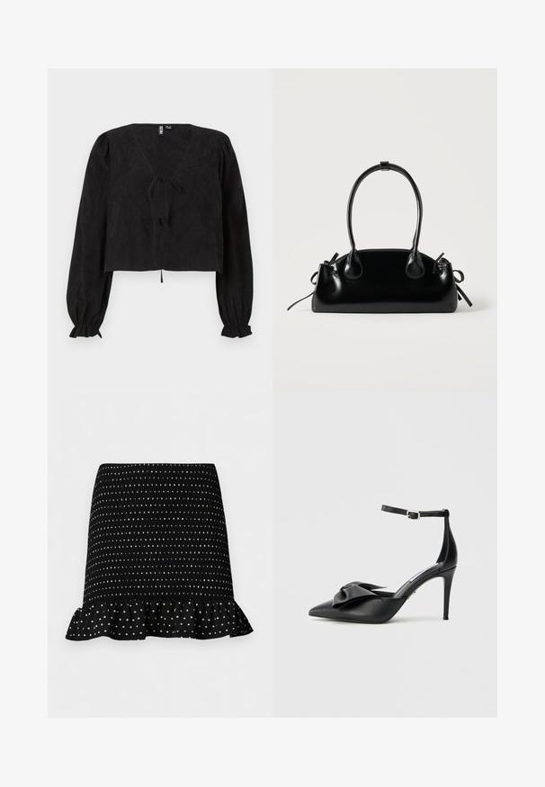 Zwarte cropped blouse met een V-hals, lange pofmouwen en een strikdetail aan de voorkant. Gestructureerde stof voegt diepte toe aan het ontwerp.; Zwarte minirok met witte polkadots, gerimpelde textuur en gerufflede zoom tegen een effen lichte achtergrond.; Zwarte hoge hak schoen met een spitse neus, satijnen strikaccent en een verstelbare enkelriem met zilverkleurige metalen details. Gladde leren textuur.; Kleine zwarte glanzende handtas met twee lange hengsels en zijkant trekkoord details op een effen lichte achtergrond.
