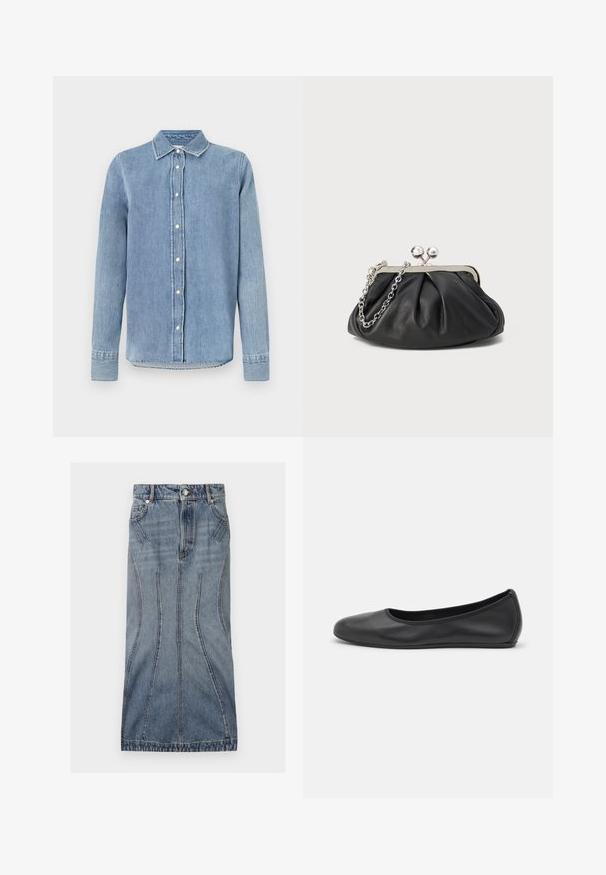 Lichtblauwe spijkerblouse met een kraag, sluiting met knopen aan de voorkant, lange mouwen en gestikte details op de manchetten en onderkant. Gewoven stof.; Sportmax CASA - Jeansrok - blue azure; Zwarte leren ballerina met een ronde neus, gladde textuur, minimale stikdetails en een flexibele zoolontwerp.; Zwarte leren clutch met geplooide textuur, zilverkleurig metalen frame, drukknopsluiting en kettingriem. Glad, zacht oppervlak.