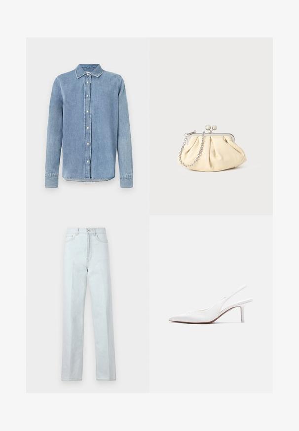 Lichtblauwe spijkerblouse met een kraag, sluiting met knopen aan de voorkant, lange mouwen en gestikte details op de manchetten en onderkant. Gewoven stof.; Lichtblauwe denim wijdte jeans met een hoge taille, voorzien van een ritssluiting aan de voorkant, knoopsluiting en een klassieke vijfzakkenontwerp.; Witte leren slingback damesschoen met spitse neus, lage kittenhak en een kleine decoratieve strik bovenop, zijaanzicht.; Geplooide beige leren clutch met een zilveren metalen frame, voorzien van twee ronde decoratieve sluitingen en een zilveren kettingriem.