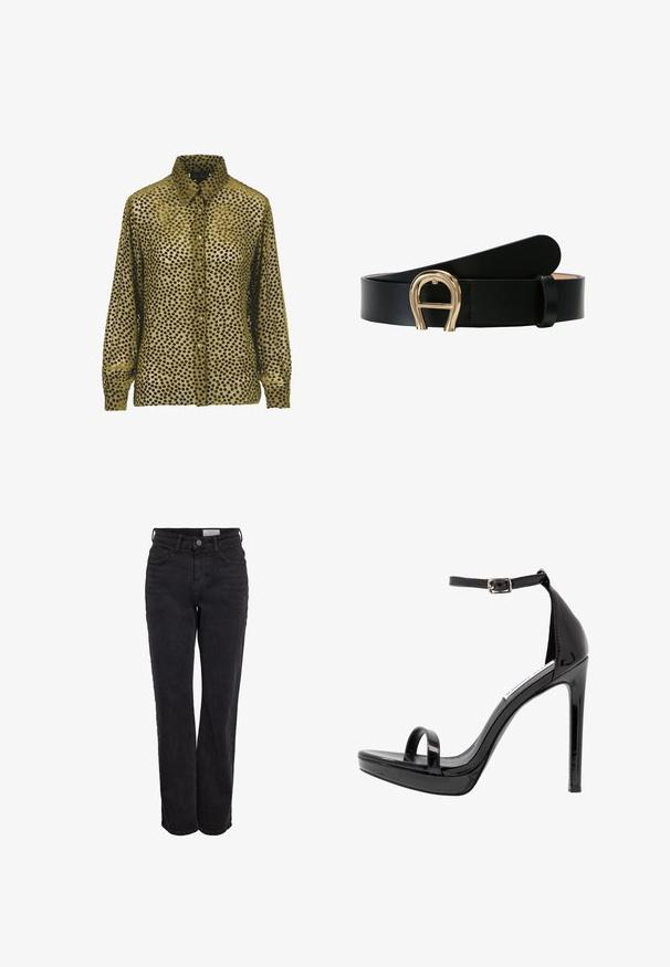 Grünes Samtshirt mit schwarzen Punkten, durchgehende Knopfleiste und spitzem Kragen. Lange Ärmel mit geknöpften Manschetten, Strukturoberfläche.; Schwarze hoch-taillierte gerade Jeans mit vorderem Knopf und Taschen, Gürtelschlaufen und subtiler Ausbleichung auf einem weißen Hintergrund.; Steve Madden MILANO - High Heel Sandalette - black; Schwarzer Leder-Gürtel mit flachem Design und abgerundetem Ende. Ausgestattet mit einer quadratischen Schnalle in goldfarbener Ausführung und einer glatten Textur.