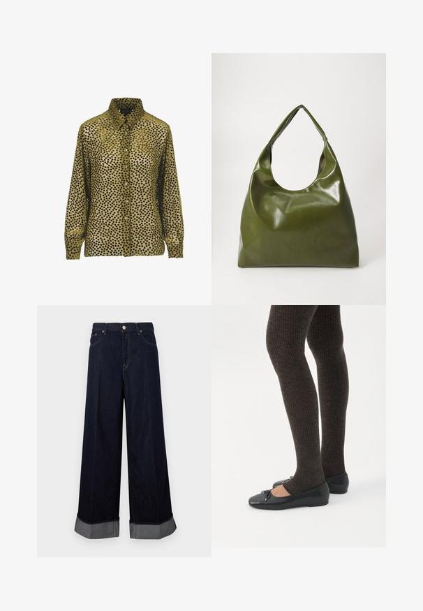 Camisa de terciopelo verde con lunares negros, con cierre de botones en la parte delantera y cuello puntiagudo. Mangas largas con puños abotonados, superficie texturizada.; Pantalones de mezclilla oscura de pierna ancha con cintura alta, cierre de botón y cremallera, costuras en contraste y puños doblados con detalles en gris.; Piernas con leggings oscuros acanalados combinados con bailarinas negras que presentan pequeños detalles de lazo sobre un fondo blanco.; Bolsa hobo verde de cuero con un diseño suave, asa curvada y textura lisa. No contiene hardware visible ni acentos.