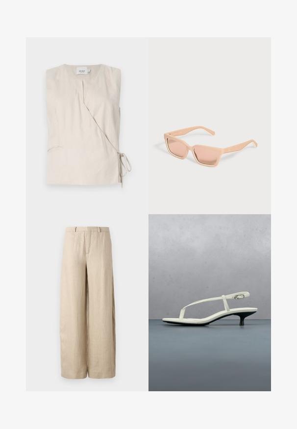 Top sin mangas de lino beige con un diseño envolvente, que presenta un escote en V, un lazo lateral y una textura sutil. Incluye un pequeño detalle de bolsillo.; Pantalones anchos color beige, hechos de lino. Presentan un pliegue frontal, dos bolsillos laterales y una cinturilla con pasadores para cinturón. Textura suave.; Sandalia blanca de tacón kitten con tiras y punta afilada, flotando sobre un suelo de baldosas de madera al aire libre, con un fondo desenfocado de plantas y pared.; Gafas de sol rectangulares color melocotón claro con montura gruesa y lentes tintadas a juego sobre un fondo claro y liso.