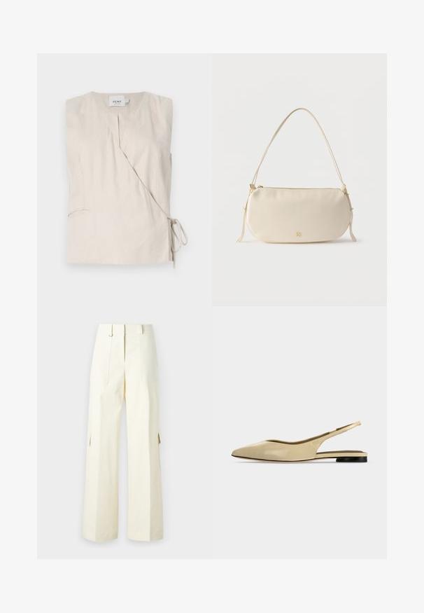 Top sin mangas de lino beige con un diseño envolvente, que presenta un escote en V, un lazo lateral y una textura sutil. Incluye un pequeño detalle de bolsillo.; Pantalones cargo de pierna ancha en tela de color crema claro, con bolsillos tipo parche, cintura alta y aberturas laterales para añadir detalle y funcionalidad.; Zapato plano beige con puntera puntiaguda, diseño slingback, tacón bajo negro y acabado en cuero liso, mostrado de perfil sobre un fondo liso.; Bolso pequeño de color crema para llevar al hombro, con una sola correa, cierre de cremallera y un sutil logo de la marca en dorado en el frontal.