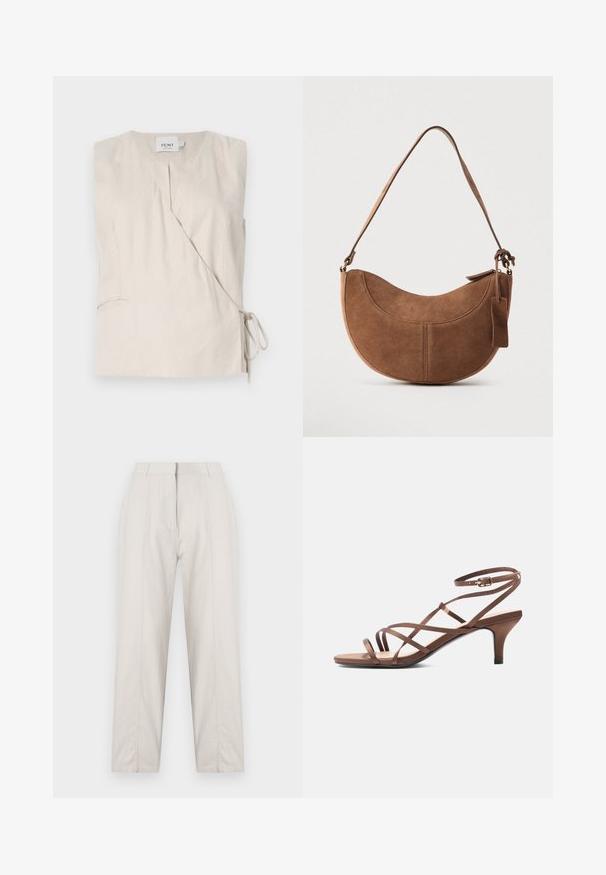 Top sin mangas de lino beige con un diseño envolvente, que presenta un escote en V, un lazo lateral y una textura sutil. Incluye un pequeño detalle de bolsillo.; Pantalones color crema con un diseño de pierna recta, que cuentan con detalles de pliegue frontal, dos bolsillos laterales y una cintura de altura media.; Sandalia marrón con tiras finas, hebilla en el tobillo y tacón de altura media, vista lateral sobre un fondo blanco.; Bolso de ante marrón con forma curva de media luna. Cuenta con una correa para el hombro, una pequeña etiqueta y costuras visibles a lo largo de los bordes.