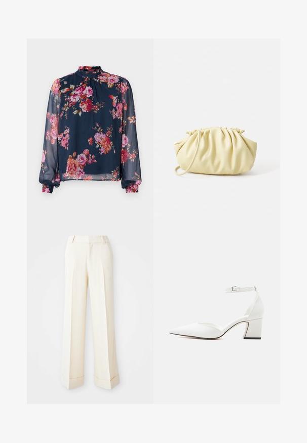 Blomstret bluse med lange, transparente ærmer; marineblå bundfarve med pink og orange blomster; høj halslinje og draperede manchetter ved håndleddene.; Beige brede bukser med en glat tekstur, frontplisseringer og foldede manchetter. Har bæltestropper og lynlås-lukning.; Hvid spids tå sko med mellemhøj hæl, ankelrem og spænde, glat finish og blokhælkappe på en ensfarvet lys baggrund.; Gul plisseret håndtaske lavet af glat kunstlæder, med en blød form, en enkelt skulderrem og samlet topdesign.