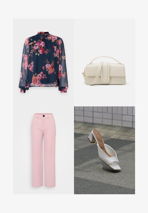 Blusa floral con mangas largas y transparentes; color base azul marino con flores rosas y naranjas; cuello alto y puños gather en las muñecas.; Pantalones de pierna ancha en rosa claro con una textura suave, con un botón negro y un diseño clásico de cinturilla. No hay bolsillos adicionales visibles.; Mule blanco de punta abierta con tacón bloque y plantilla marrón con la etiqueta "ALDO", posicionado sobre asfalto con fondo de pared de azulejos.; Bolso de mano de cuero color crema con forma rectangular, asa plana y correa desmontable; presenta un solapa frontal con cierre magnético.
