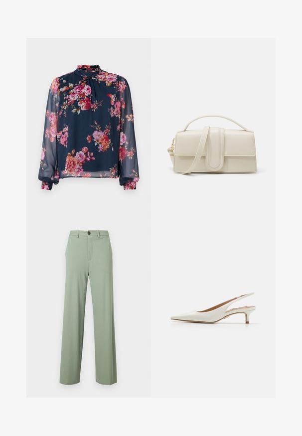 Bloem blouse met lange, doorzichtige mouwen; marineblauwe basis kleur met roze en oranje bloemen; hoge halslijn en geplooide manchetten bij de polsen.; Lichtgroene rechte broek met riemlussen, zijzakken en een knoopsluiting in de tailleband.; Steve Madden KARI - Klassieke pumps - white; Crème-kleurige leren handtas met een rechthoekige vorm, platte handgreep en afneembare schouderband; heeft een voorklep met een magnetische sluiting.