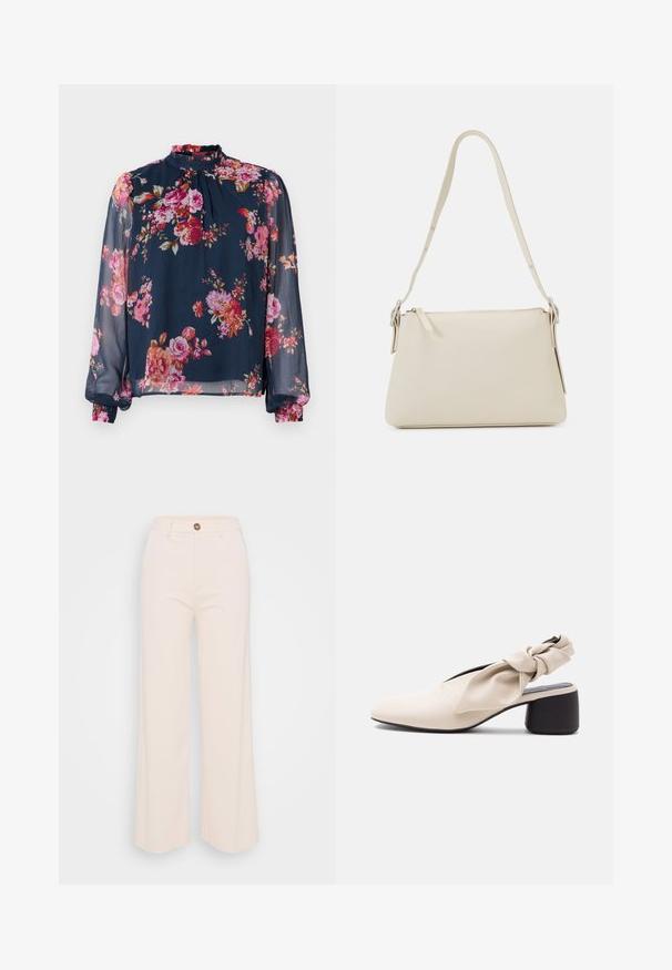 Blomstret bluse med lange, transparente ærmer; marineblå bundfarve med pink og orange blomster; høj halslinje og draperede manchetter ved håndleddene.; Bredde bukser i blødt cremefarvet stof med høj talje, en enkelt knaplukning og minimale syninger.; Beige damesko med lav hæl, spids tå og en snoet remdetalje over vristen og hælen.; Beige skuldertaske lavet af glat læder med lynlås-lukning. Har et enkelt design, slank skulderrem og metalbeslag som detaljer.