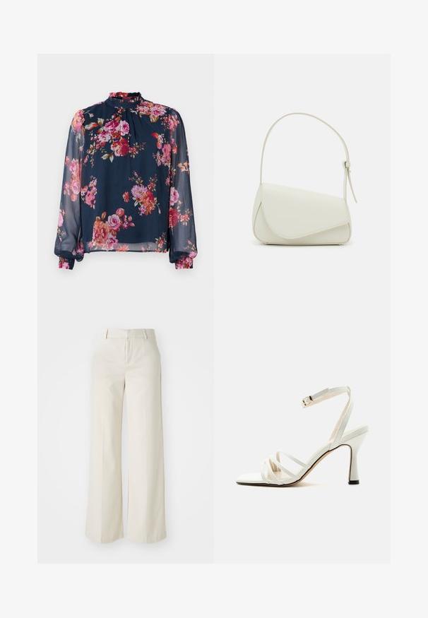 Blusa floral con mangas largas y transparentes; color base azul marino con flores rosas y naranjas; cuello alto y puños gather en las muñecas.; Pantalones de pierna ancha en un tono beige claro, confeccionados con una tela suave. Cuentan con una cinturilla clásica y un frente plano con líneas limpias.; Sandalia blanca de tacón alto con tres tiras frontales y una correa ajustable en el tobillo con una hebilla dorada.; Bolso de mano de imitación cuero blanco con una forma triangular estructurada, correa ajustable única y cierre con solapa acentuada en curva.