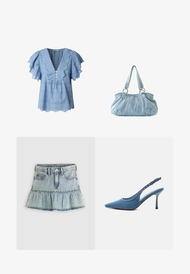 Lichtblauwe blouse met gegolfde randen en fluttermouwen. Heeft oogjesborduurwerk en een drieknoopsluiting bij de V-hals.; Spijkerrok in lichtblauw met een gerimpelde zoom. Voorzien van een tailleband, voorzakken en een vervaagde textuur. Klassiek ontwerp met vijf zakken.; Blauwe denim slingback pump met spitse neus, zilveren oogjes en verstelbare gespsluiting.; Lichtblauwe denim handtas met twee schouderbanden bevestigd aan metalen ringen en decoratieve klinknagels aan de voorkant en zijkanten.