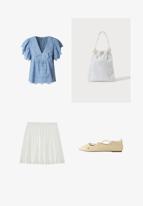 Himmelblaue Bluse mit gewellten Kanten und flatternden Ärmeln. Verfügt über Lochstickerei und einen dreifachen Knopfverschluss am V-Ausschnitt.; Weißer, gestuftes Kleid mit strukturierter Oberfläche. Verfügt über einen elastischen Taillenbund und geschichtete Rüschen, die eine fließende Silhouette erzeugen.; Beiger flacher Schuh mit spitz zulaufender Spitze, überkreuzten Knöchelriemen und weißem, gesticktem Blumenmuster an den Seiten.; Weiße Stofftasche mit Spitzenblumenstickerei und einem gerafften oberen Griff, gezeigt vor einem schlichten hellen Hintergrund.