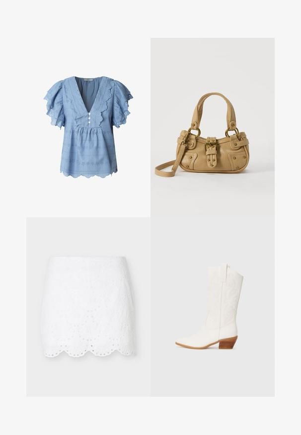 Lichtblauwe blouse met gegolfde randen en fluttermouwen. Heeft oogjesborduurwerk en een drieknoopsluiting bij de V-hals.; Witte minirok met oogjesborduurwerk, gezoomd met scalloprand en bloemige opengewerkte patronen, getoond op een effen lichtgrijze achtergrond.; Witte westerse enkellaarsjes met een spitse neus, textuurstof, geborduurd ontwerp en een gestapelde houten hak.; Beige leren handtas met dubbele handvatten, messing gesps en klinknagel details, en een verstelbare schouderriem tegen een witte achtergrond.