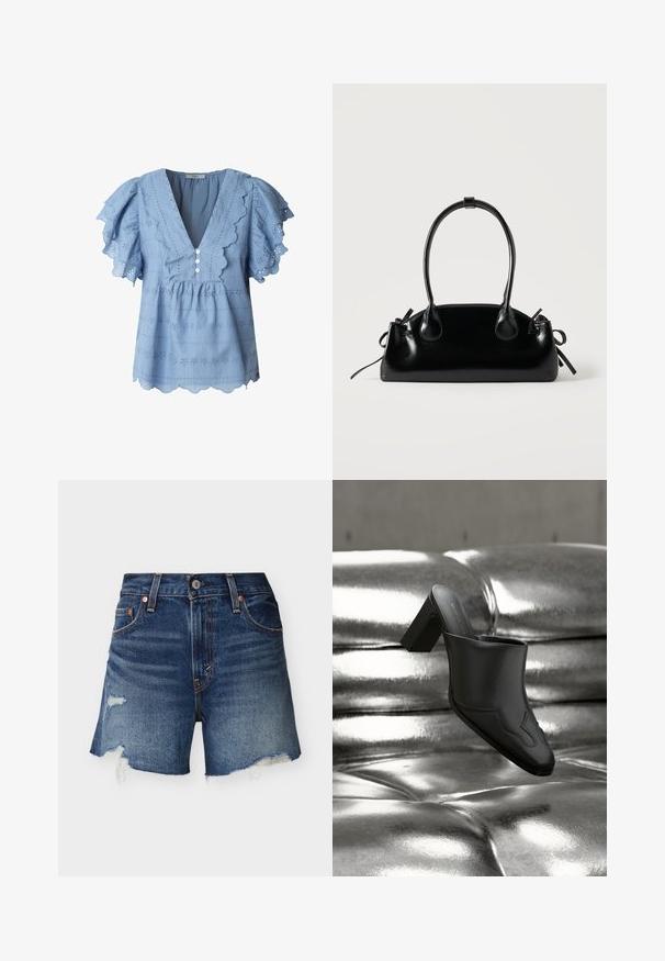 Himmelblaue Bluse mit gewellten Kanten und flatternden Ärmeln. Verfügt über Lochstickerei und einen dreifachen Knopfverschluss am V-Ausschnitt.; Blaue Jeansshorts mit ausgefransten Kanten und abgenutzten Stellen auf einfarbig hellem Hintergrund, Vorderansicht.; Schwarzer Leder-Mule mit Blockabsatz, der auf einer glänzenden silbernen, gepolsterten Oberfläche liegt und sein schlankes Design sowie die geschwungenen Details hervorhebt.; Kleine schwarze glänzende Handtasche mit zwei langen Griffen und seitlichen Kordelzug-Details vor einfachem hellem Hintergrund.