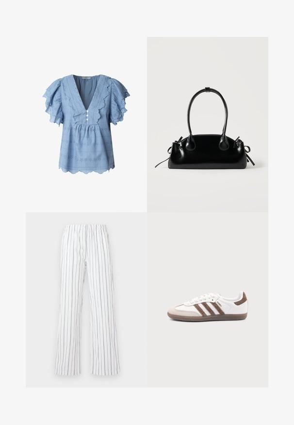 Blusa azul claro con bordes festoneados y mangas de vuelo. Presenta bordado de ojetes y cierre de tres botones en el escote en V.; Pantalones blancos con rayas verticales azules, hechos de una tela ligera. Presentan una cintura elástica y piernas anchas y acampanadas.; Zapatilla blanca Adidas Samba con franjas de ante marrón, suela de goma marrón y puntera de ante beige, vista desde el lado exterior sobre un fondo liso.; Pequeño bolso negro brillante con dos asas largas y detalles de cordón lateral sobre un fondo claro liso.