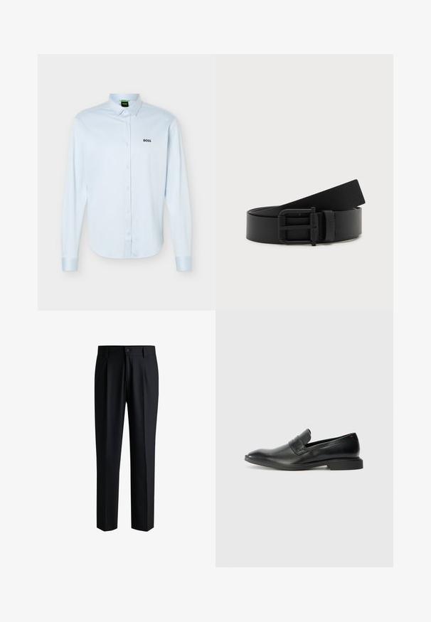 Chemise bleu clair à manches longues, boutonnée avec col, logo noir "BOSS" sur le côté gauche de la poitrine, et poignets avec boutons.; Pantalons noirs en tissu lisse, avec une coupe droite, des plis à l'avant et une fermeture à bouton avec passants de ceinture.; Mocassins en cuir noir avec une texture lisse, un nez pointu et un petit talon rectangulaire. Présente un détail de bande horizontale sur le dessus.; Ceinture en cuir noir enroulée avec une boucle en métal noir mat sur fond blanc.