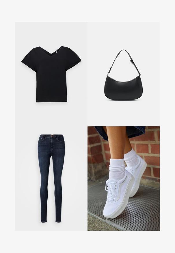 T-shirt noir à col en V avec des manches courtes, fabriqué en tissu lisse. Présente une coupe décontractée et un design unique en croix au niveau du col.; Jean skinny en denim foncé à taille moyenne, avec une fermeture à bouton à l'avant, un design classique à cinq poches et des détails de décoloration subtils.; Baskets en toile blanches avec semelles en caoutchouc, dotées de six œillets, d'un bout rond et de détails de couture légers, portées avec des chaussettes blanches mi-mollet.; Pieces PCALUANA SHOULDER BAG - Sac à main - black