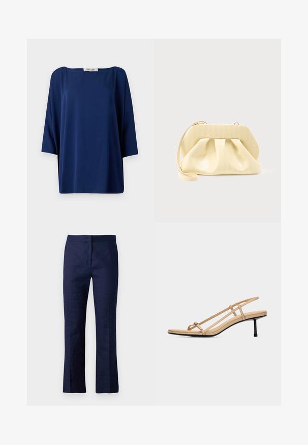 Navyblauw losvallend topje met een wijde halslijn en halve mouwen, met een gladde textuur en een minimalistisch ontwerp.; Navyblauwe op maat gemaakte broek van een gladde stof, met een rechte pijp, voorplooien en een getailleerde tailleband.; Beige sandalen met dunne teenlus, twee zijbandjes, riempje om de hiel, gevoerd voetbed en een slanke zwarte hak van middelhoge hoogte.; Crème-kleurige leren clutch met een gestructureerd bovenframe en polsbandje, weergegeven tegen een effen lichte achtergrond.