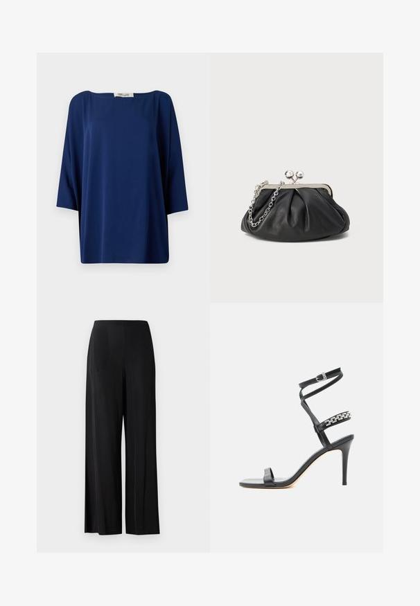 Navyblauw losvallend topje met een wijde halslijn en halve mouwen, met een gladde textuur en een minimalistisch ontwerp.; Zwarte, wijde broek van gladde stof, met een hoge tailleband en geen zichtbare zakken of hardware. Vloerlange stijl.; Zwarte sandaal met hoge hak, smalle enkelband, middenvoetband versierd met zilveren schakels en een open teenontwerp.; Zwarte leren clutch met geplooide textuur, zilverkleurig metalen frame, drukknopsluiting en kettingriem. Glad, zacht oppervlak.
