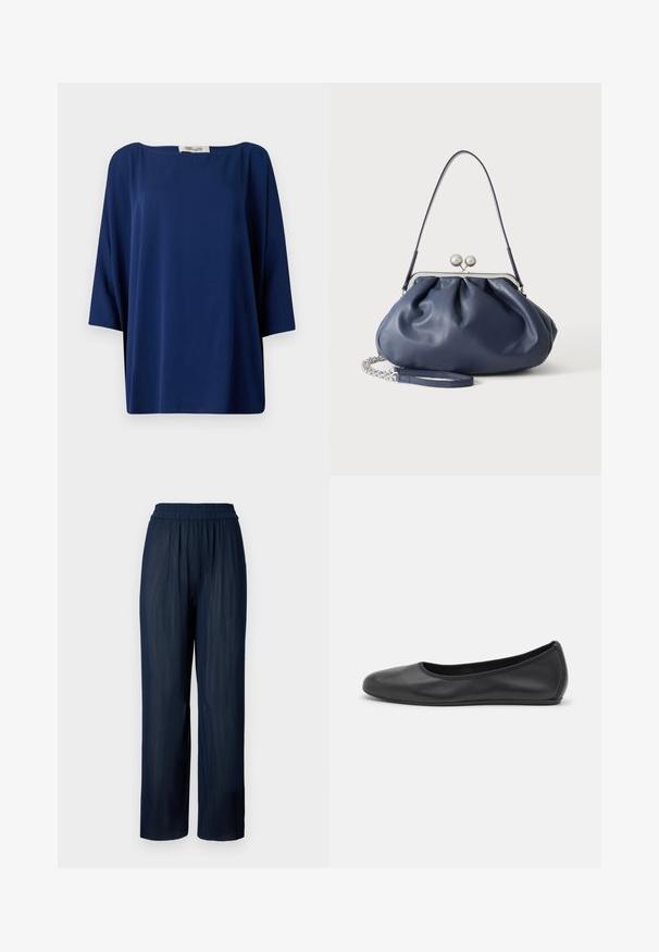Navyblauw losvallend topje met een wijde halslijn en halve mouwen, met een gladde textuur en een minimalistisch ontwerp.; Marine kleur wijde pantalon van geplooide stof, met een elastische tailleband en een zachte textuur, ontworpen voor comfort en bewegingsvrijheid.; Zwarte leren ballerina met een ronde neus, gladde textuur, minimale stikdetails en een flexibele zoolontwerp.; Zachte navyblauwe leren handtas met zilveren sluiting, enkele schouderband en afneembare ketting polsband op witte achtergrond.