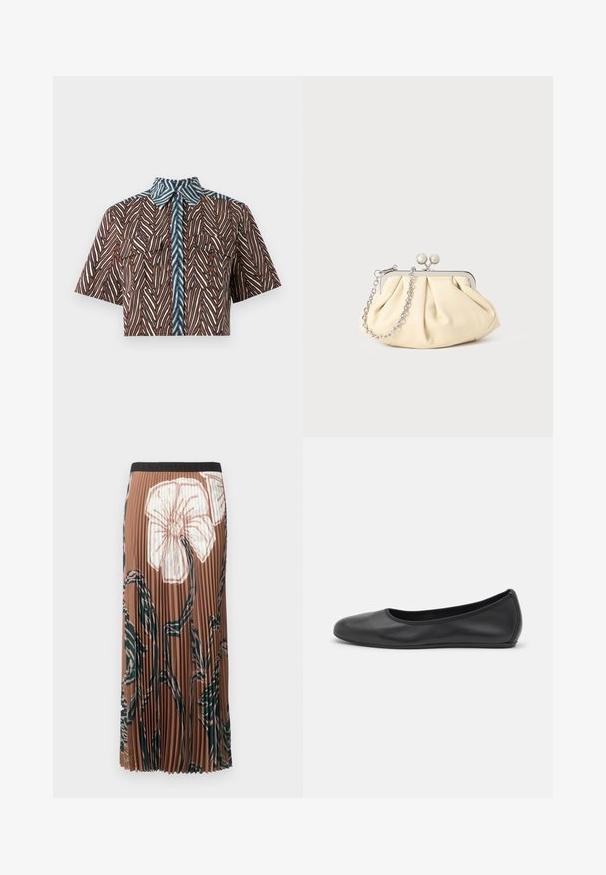 Diane von Furstenberg AMY - Chemisier - brown; Jupe midi plissée marron avec un grand imprimé floral blanc et des tiges abstraites vert foncé, dotée d'une ceinture noire.; Ballerines en cuir noir avec un bout rond, texture lisse, détails de couture minimalistes et design de semelle flexible.; Pochette en cuir beige plissé avec un cadre en métal argenté, dotée de deux fermoirs ronds décoratifs et d'une chaîne en argent.