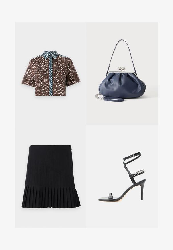 Diane von Furstenberg AMY - Chemisier - brown; Jupe plissée noire avec des panneaux diagonaux cousus, une taille cintrée et un ourlet évasé. Les matériaux semblent légers et lisses.; Sandale noire à talon haut avec fine bride à la cheville, bride médiane décorée de maillons de chaîne argentés, et design à bout ouvert.; Sac à main en cuir bleu marine doux avec fermeture à boucle argentée, une seule bandoulière, et une chaîne de poignet amovible sur fond blanc.