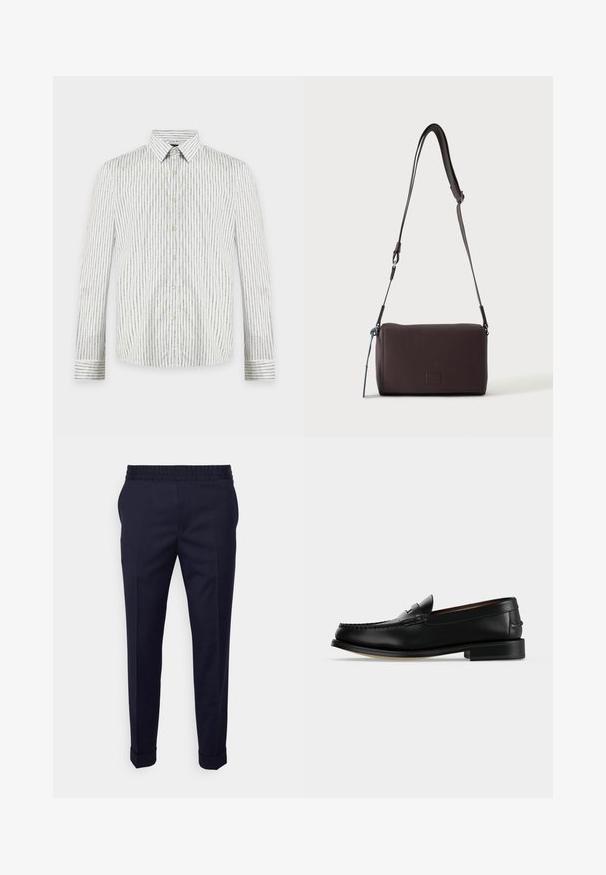 Chemise blanche à manches longues boutonnée, avec fines rayures verticales noires et col pointu, présentée à plat sur un fond clair.; Pantalons bleu marine avec une texture lisse, dotés d'une taille élastique et de poignets retroussés, conçus dans une coupe fuselée avec des poches latérales.; Mocassin homme en cuir noir avec un petit talon et une couture de style mocassin sur l'avant, vu de côté sur un fond uni.; Sac bandoulière en cuir marron foncé texturé avec une sangle réglable et un petit accent décoratif bleu sur le côté.