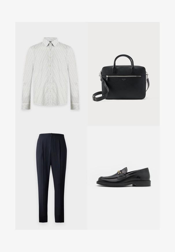 Chemise blanche à manches longues boutonnée, avec fines rayures verticales noires et col pointu, présentée à plat sur un fond clair.; Pantalons bleu marine avec une coupe décontractée, un devant plissé et une taille élastique. Le tissu semble lisse avec un léger éclat.; Mocassins en cuir noir avec un embout rond, présentant des accents en métal doré et des détails de couture, montés sur une semelle en caoutchouc texturé et basse.; Serviette rectangulaire en cuir noir texturé avec double poignée, poche avant zippée et bandoulière réglable présentée sur fond blanc.