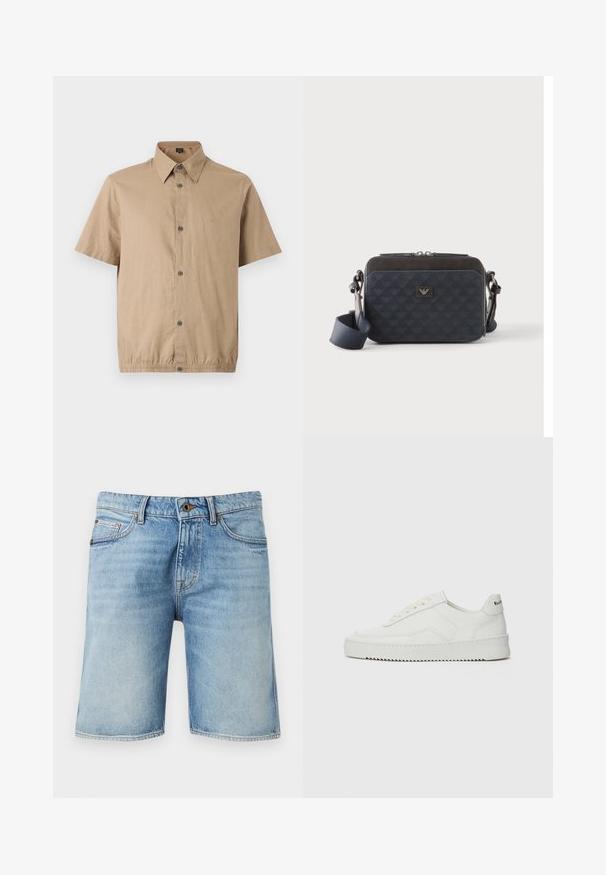 Chemise beige à manches courtes, boutonnée, col pointu, cinq boutons sur le devant et un détail subtil avec un ourlet élastique.; Shorts en jean bleu clair avec bouton à l'avant, braguette zippée, passants pour ceinture et poches avant, présentés sur un fond uni.; Baskets en cuir blanc avec une finition lisse, bout arrondi, lacets plats et semelle texturée. Présente un logo discret sur le talon.; Sac bandoulière rectangulaire bleu foncé avec sangle réglable, fermeture éclair et motif subtil du logo sur le panneau avant.