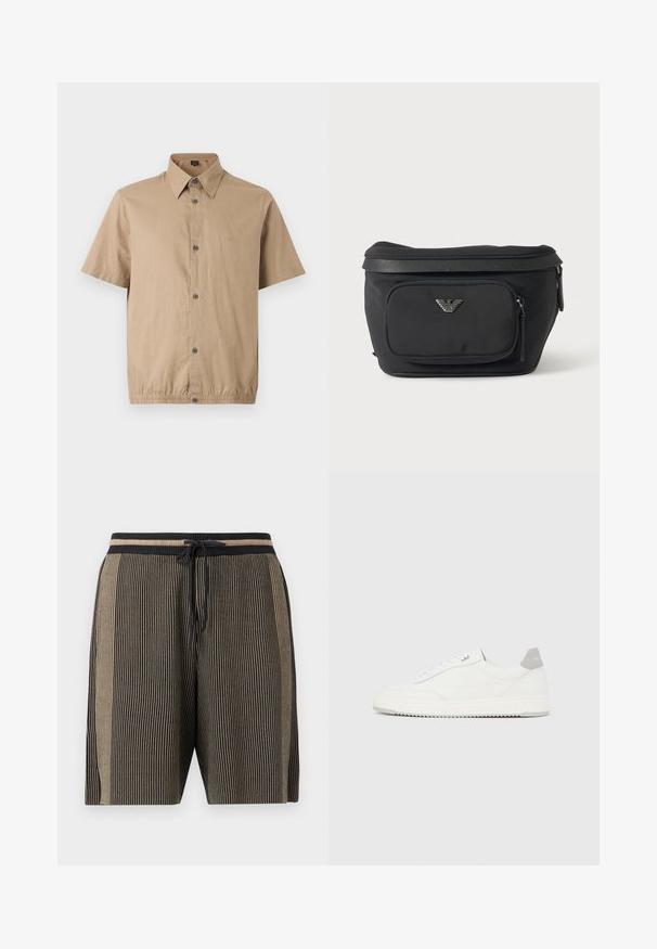 Chemise beige à manches courtes, boutonnée, col pointu, cinq boutons sur le devant et un détail subtil avec un ourlet élastique.; Shorts en maille mi-longueur avec des rayures verticales noires et beiges, taille élastique et lien de serrage noir à l'avant.; Baskets basses blanches avec un onglet de talon gris, des lacets blancs et une semelle texturée, présentées sur un fond uni clair.; Sac banane noir avec poche avant zippée et logo aigle argenté, tissu lisse avec bordure texturée et tirettes de fermeture éclair.