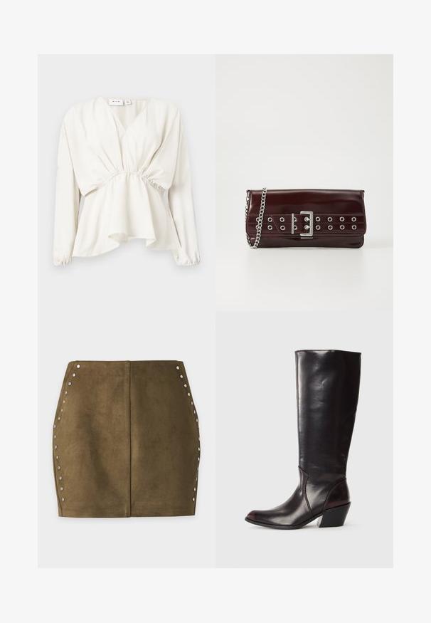 Blouse blanche à manches longues avec taille élastique, encolure en V et ourlet évasé, présentée sur un fond neutre à plat.; Mini-jupe en daim vert olive avec des clous argentés le long des coutures latérales courbes et une couture centrale verticale.; Botte en cuir brun foncé, à hauteur de genou, avec un bout pointu, un talon bloc angulaire et une texture lisse et brillante. Présente un design épuré et des détails de couture.; Pochette en simili cuir bourgogne avec une bandoulière en chaîne argentée, dotée d'un design de boucle et d'œillets en métal sur le devant pour plus de détails.