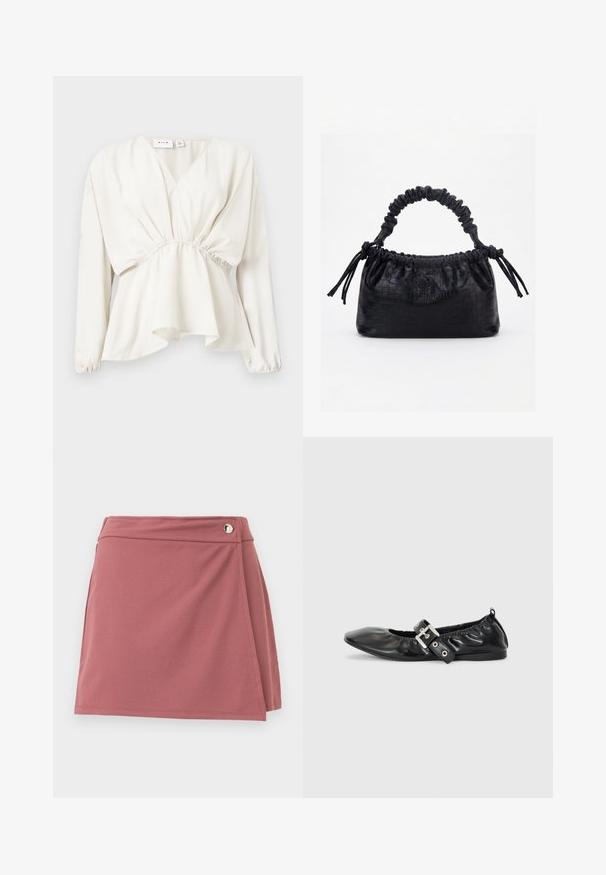 Blouse blanche à manches longues avec taille élastique, encolure en V et ourlet évasé, présentée sur un fond neutre à plat.; Jupe portefeuille courte en rose poussiéreux avec un petit bouton argenté près de la ceinture sur un fond clair uni.; Chaussure plate en cuir noir avec un nez pointu, des détails froncés autour de l'ouverture et un accent en boucle argentée sur la bride ajustable.; Sac à main noir avec texture crocodile, bord supérieur froncé, poignée plissée et pompons à cordon de chaque côté sur fond blanc.