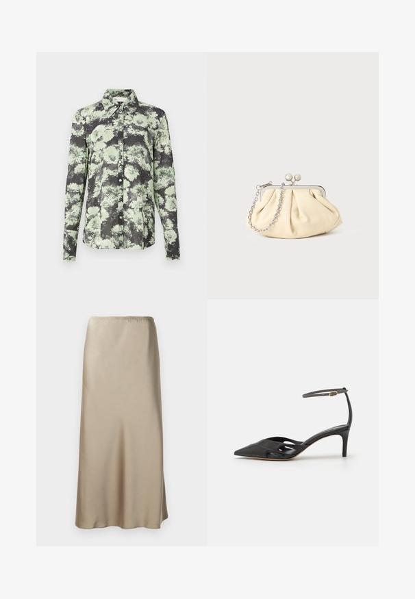 Skjorte med knapper i en sort og grøn blomstret mønster, kravedesign, lange ærmer og en tekstureret stof.; Satin midi nederdel i lys beige med elastisk talje, glat tekstur og en flydende A-form. Ingen synlige mønstre eller hardware.; Sort læder højhælet sko med spids tå, åbne sider og en tynd ankelrem med en lille guld detalje.; Plisseret beige læderclutch med en sølvmetalramme, der har to runde dekorative låse og en sølvkædetrasporte.